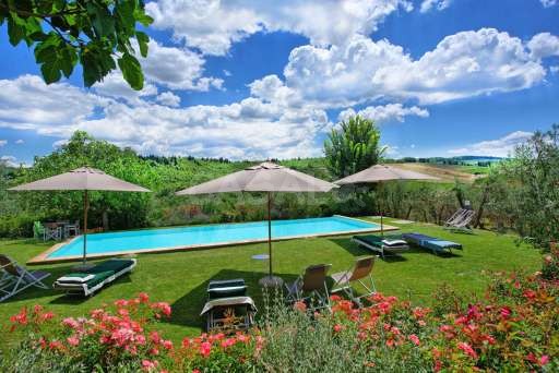 Villa Sonia, Rasenfläche, Sonnenliege, Pool, Sonnenschirm